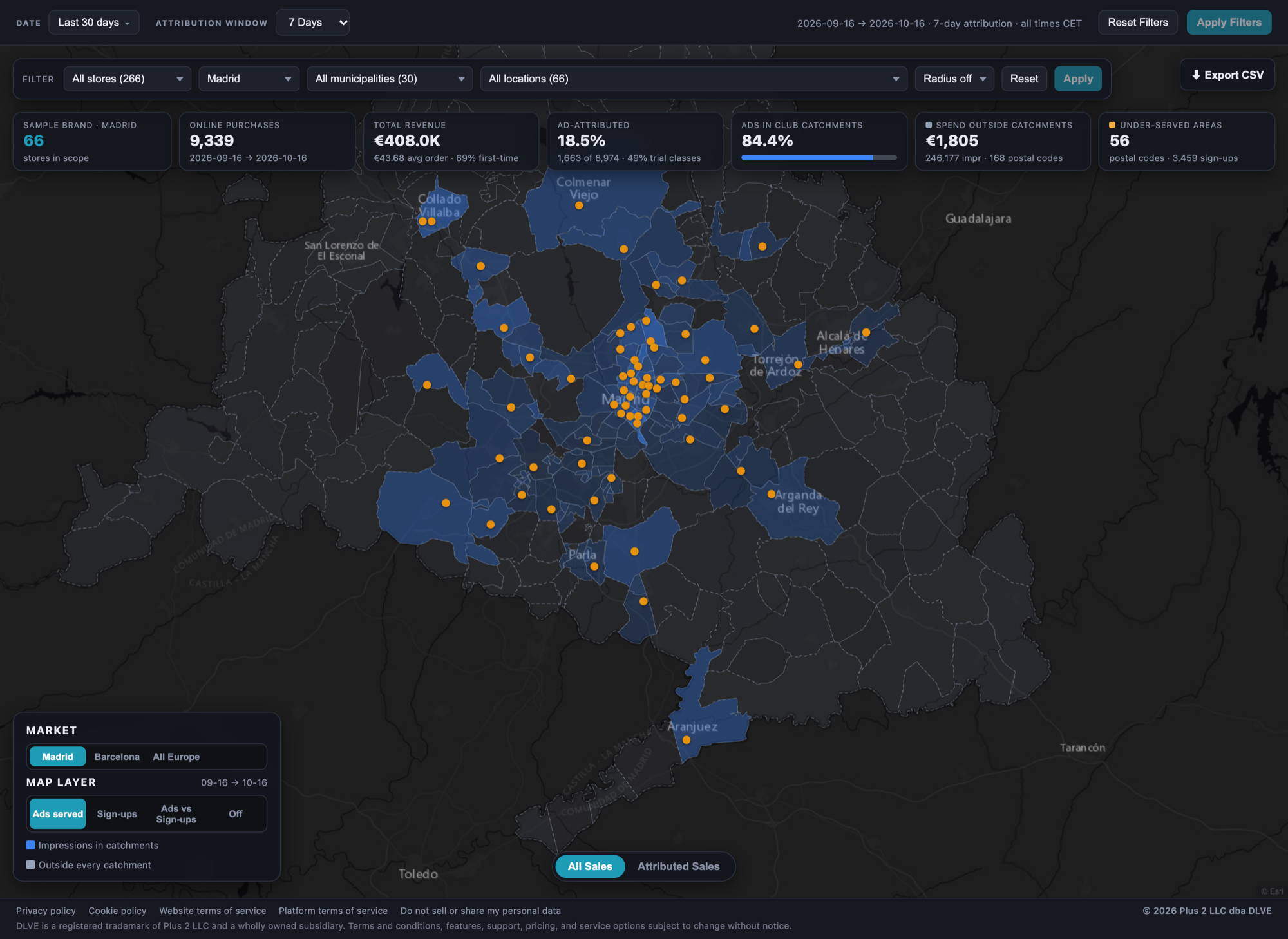 DLVE dashboard: every store on a map with its customer catchment and ad delivery by postal code